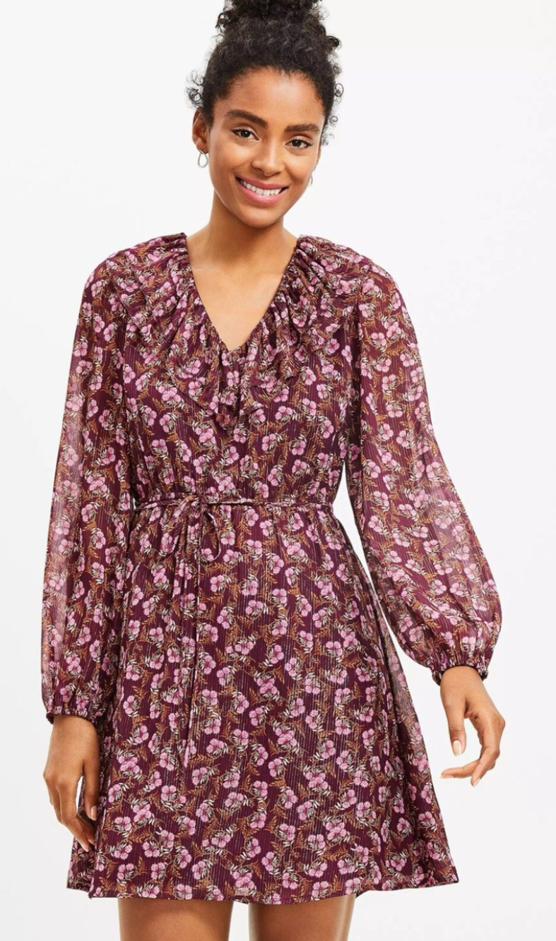 Loft Dress Floral Metallic Ruffle Tie Waist Dress